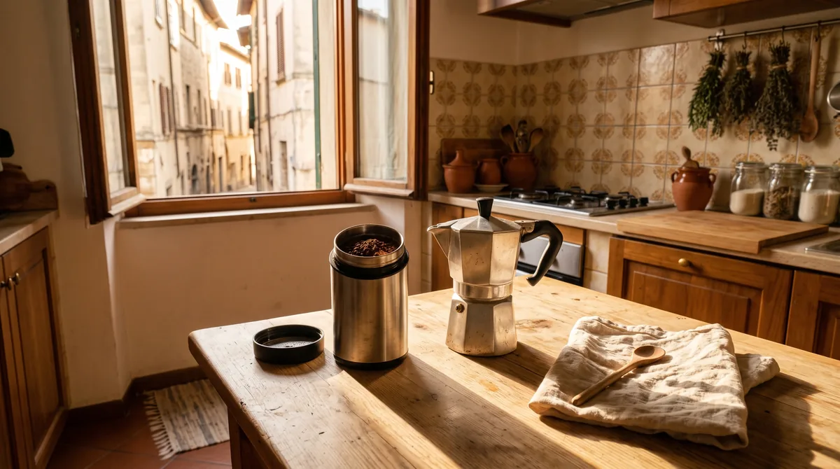 Macinacaffè elettrico aperto su un piano di cucina con chicchi di caffè accanto e polvere macinata nel contenitore