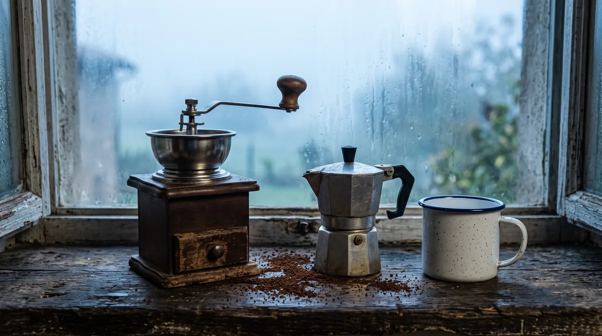 Macinacaffè manuale in acciaio con manovella e chicchi di caffè accanto a una moka su un piano di cucina