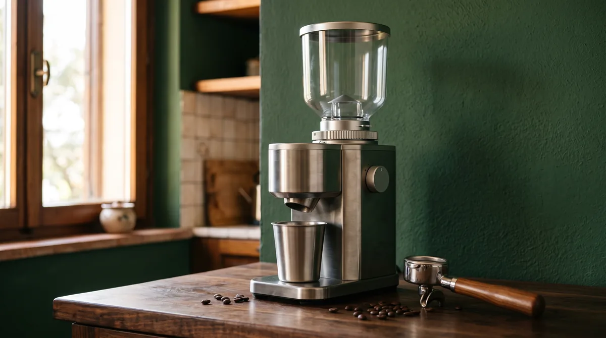 Macinacaffè professionale in metallo con portafiltro agganciato alla forcella e caffè in grani sul piano
