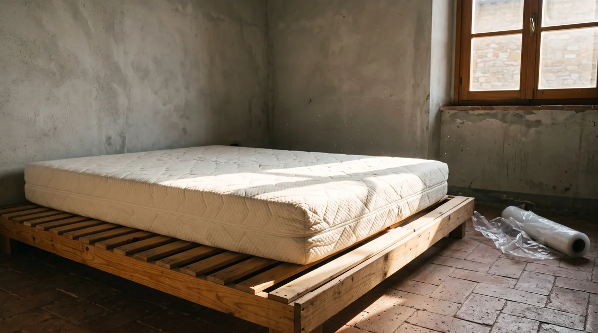 Materasso matrimoniale in molle insacchettate e memory foam appoggiato su una rete a doghe in legno