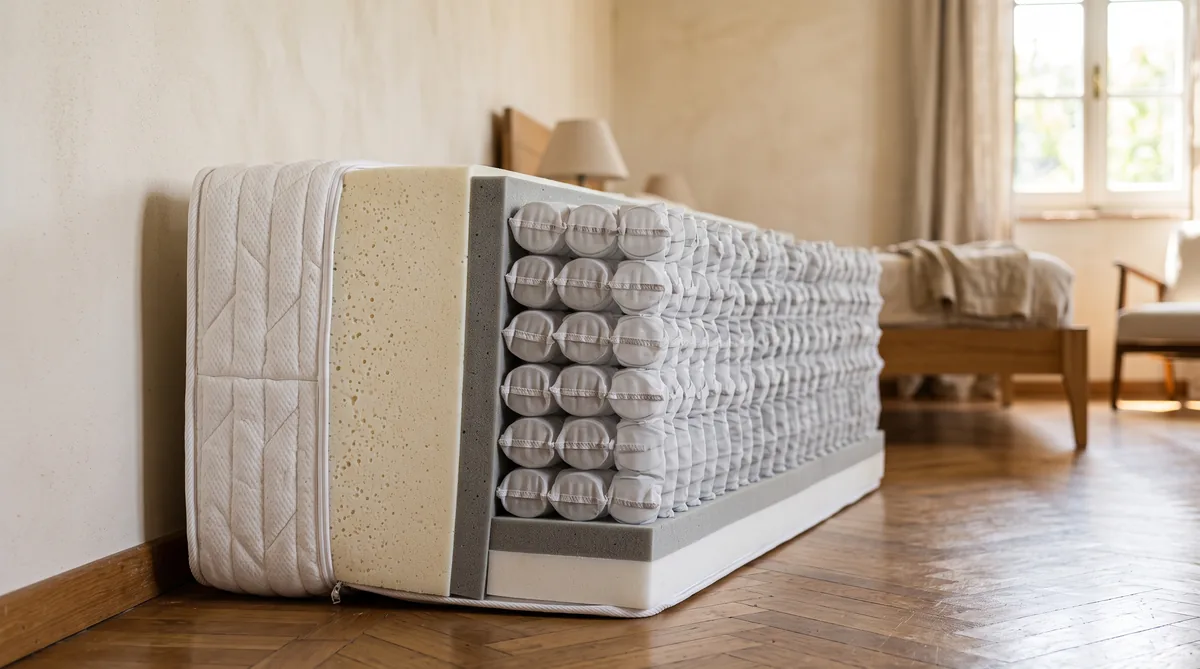 Sezione di un materasso ibrido matrimoniale con le molle insacchettate nel nucleo e lo strato in memory foam sopra