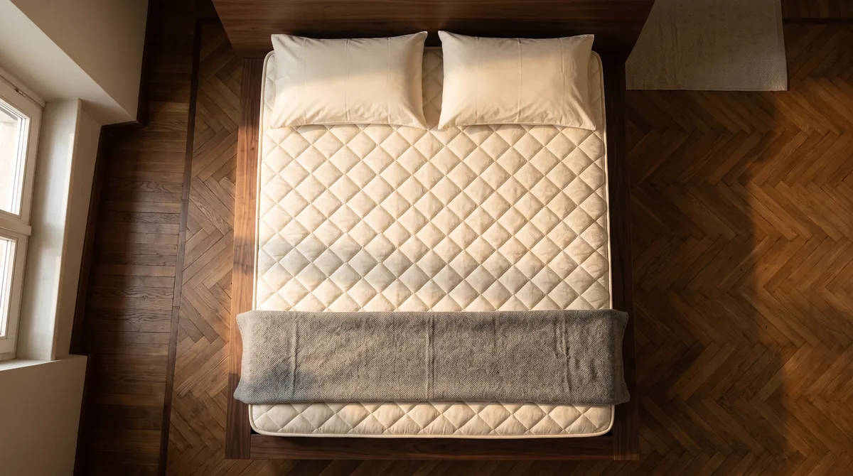 Materasso matrimoniale a molle insacchettate visto di taglio su una rete a doghe, con lo strato in memory foam in evidenza