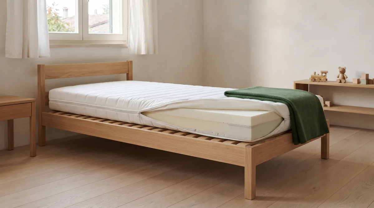Materasso singolo sfoderabile su un letto da cameretta in legno chiaro, con la fodera aperta sulla cerniera