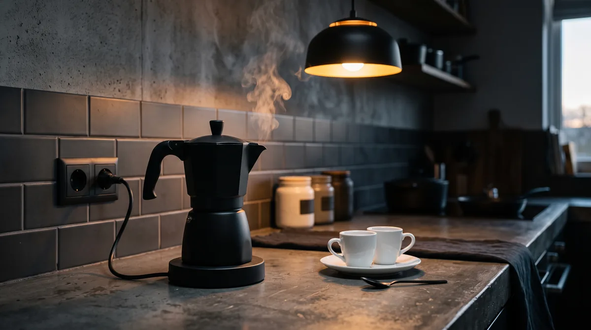 Moka elettrica in alluminio appoggiata sulla sua base di alimentazione su un piano di cucina, con tazzine e caffè macinato