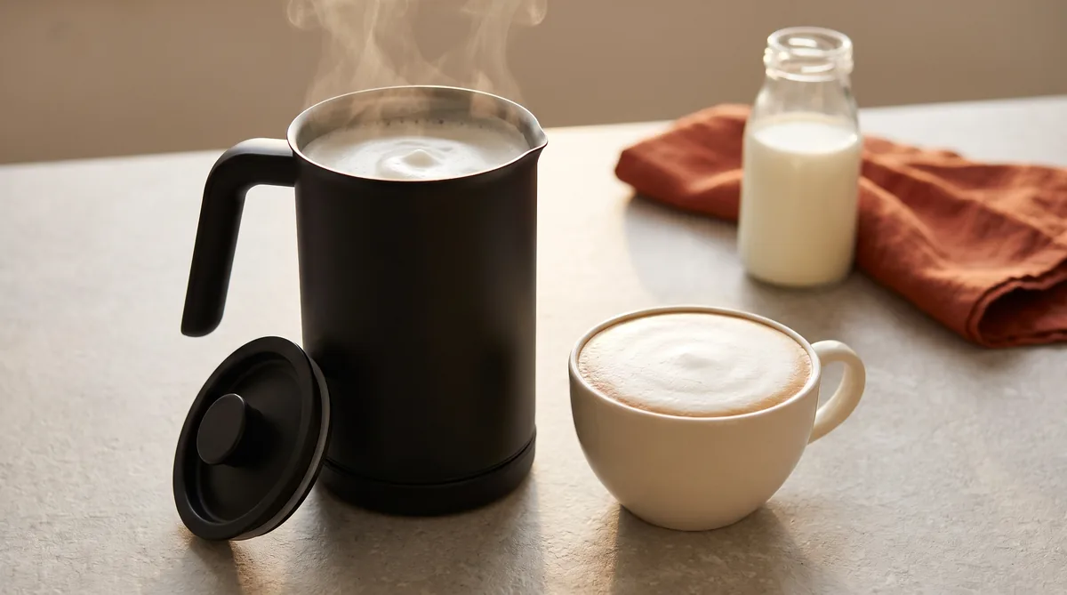 Montalatte elettrico a caraffa accanto a una tazza di cappuccino con schiuma densa su un piano di cucina chiaro