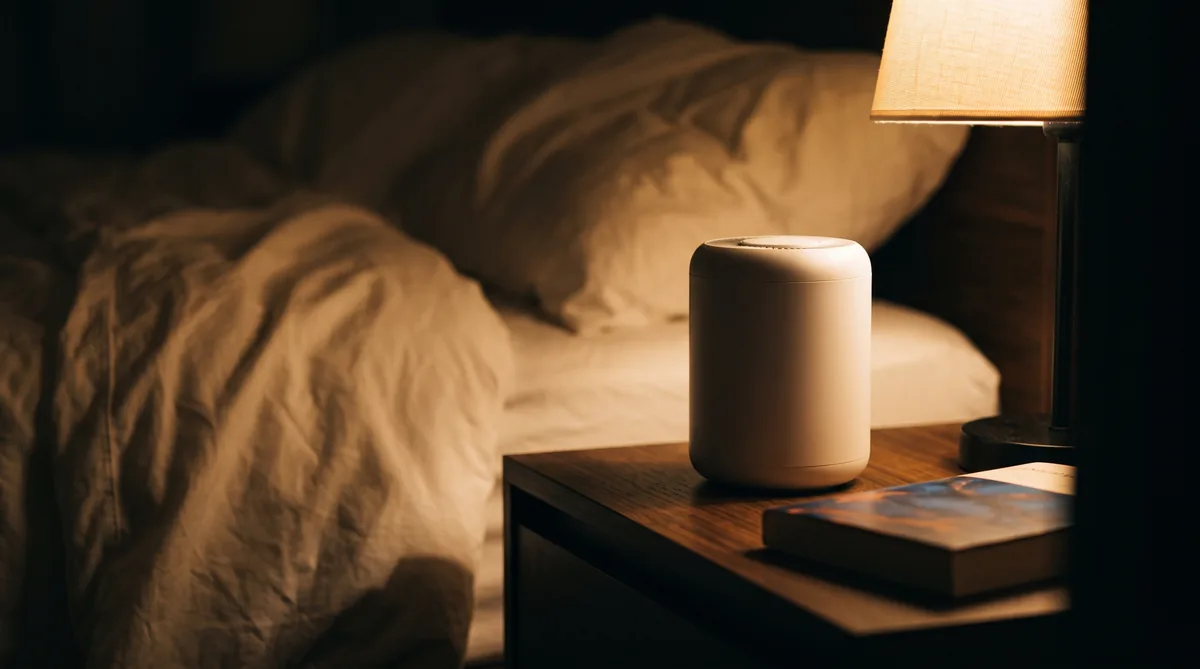 Purificatore d'aria compatto acceso accanto al comodino in una camera da letto in penombra, con il letto sullo sfondo