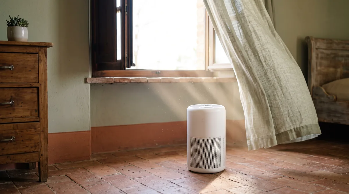 Purificatore d'aria acceso in una camera da letto luminosa, con il display che indica il livello di PM2.5