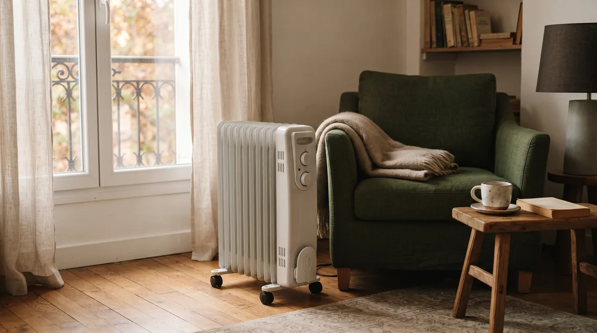 Radiatore elettrico a olio bianco su ruote accanto a una poltrona in soggiorno, con la manopola del termostato