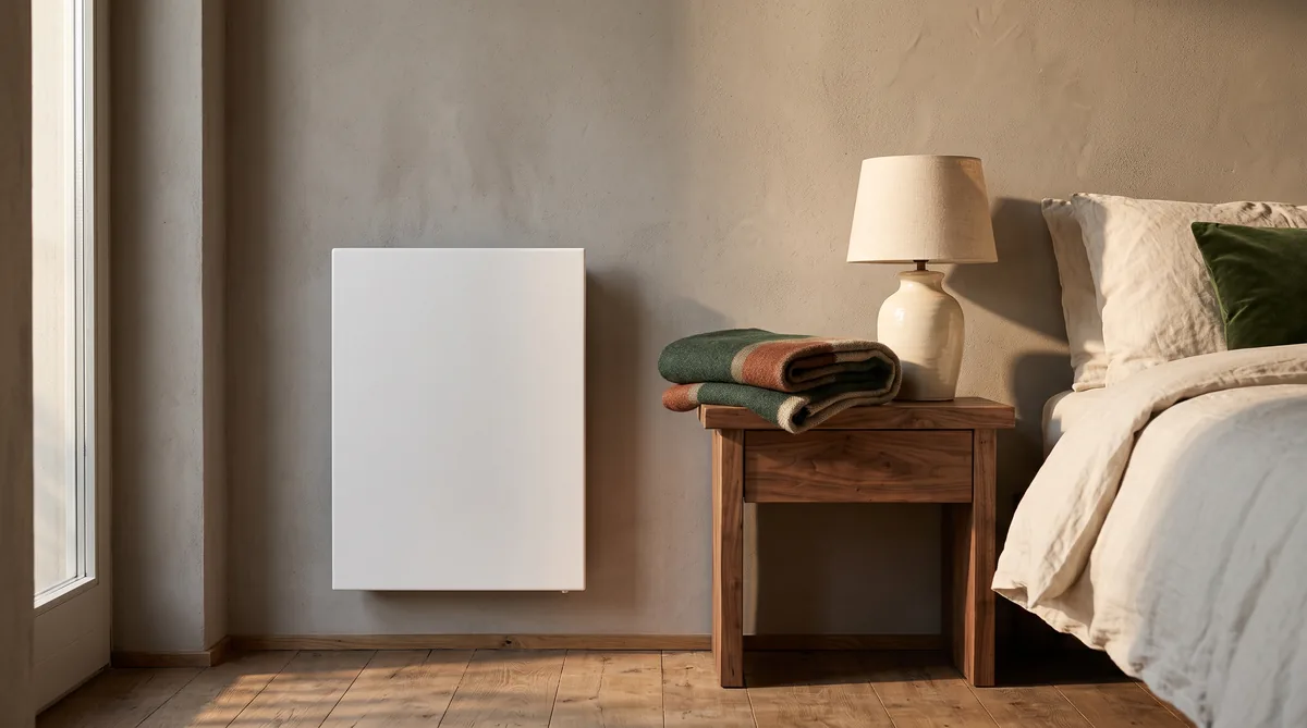 Radiatore elettrico a inerzia bianco fissato alla parete di un soggiorno, con display acceso e poltrona accanto