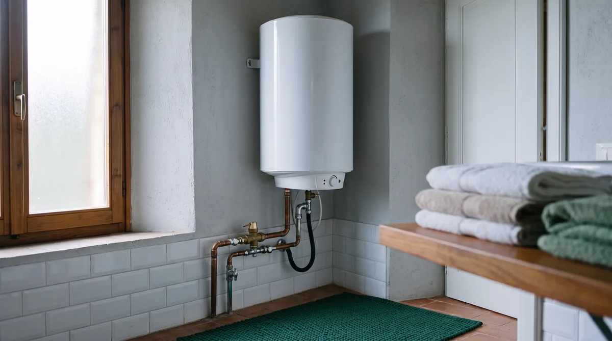Scaldabagno elettrico da 80 litri verticale appeso a parete in un bagno, con attacchi e gruppo di sicurezza in vista