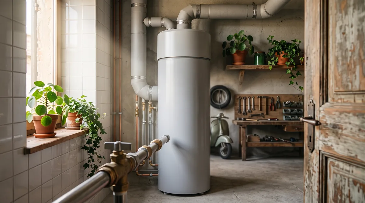 Scaldabagno a pompa di calore installato in un locale tecnico areato, con presa d'aria e raccordi idraulici in vista