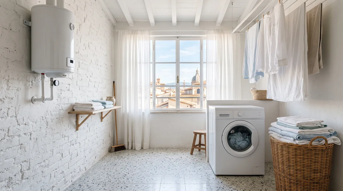 Scaldabagno elettrico ad accumulo bianco installato a parete in un bagno, con tubi di collegamento e valvola di sicurezza in vista