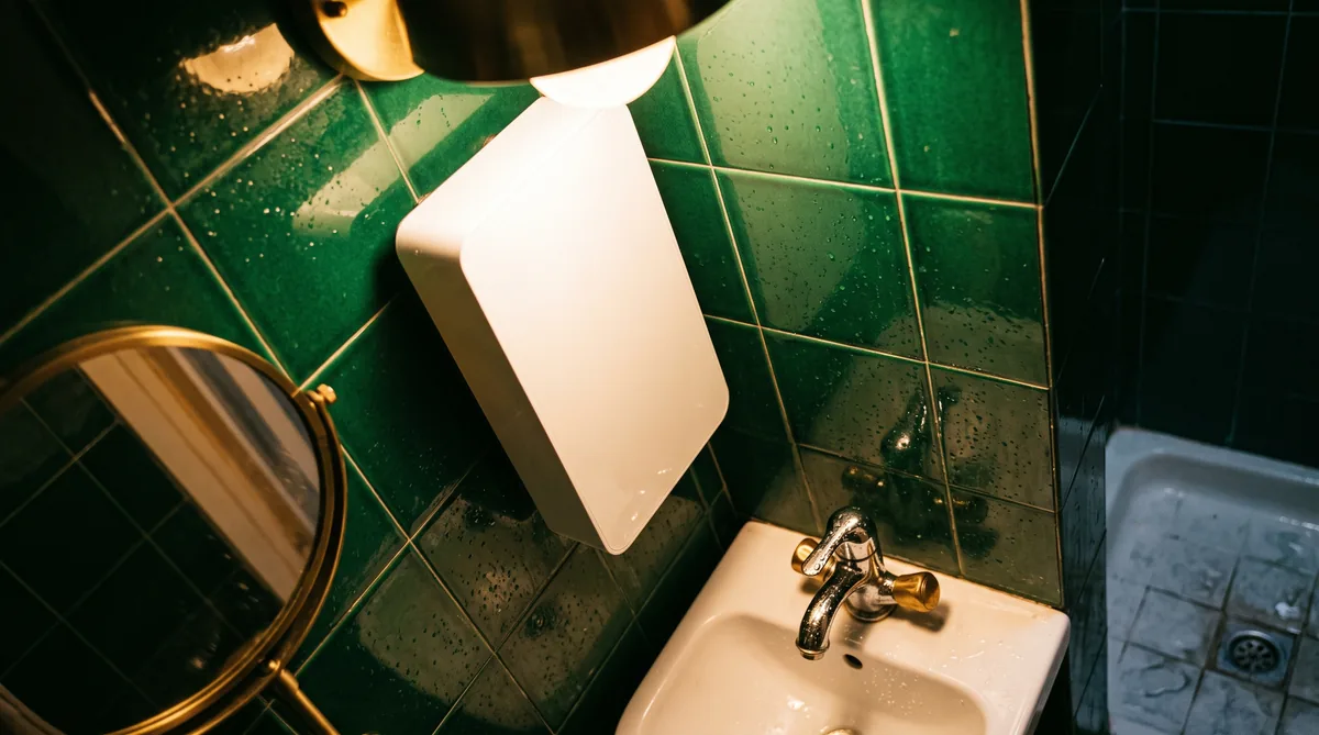 Scaldabagno elettrico istantaneo bianco montato a parete sopra un lavabo, con il display della temperatura acceso