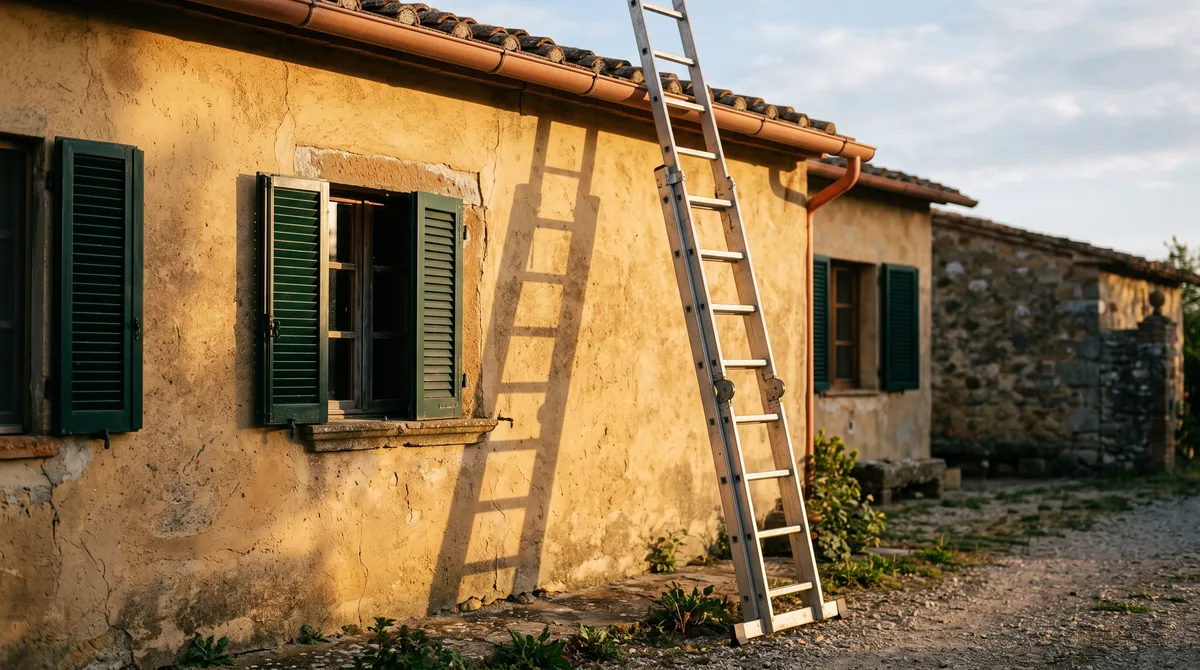 Scala a sfilo in alluminio a tre rampe appoggiata alla facciata di una casa, con la barra stabilizzatrice al piede