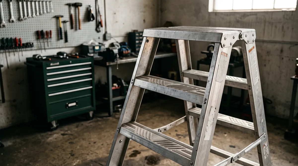 Scala professionale in alluminio a sfilo appoggiata al muro di un cantiere, con base allargata e piedini antiscivolo