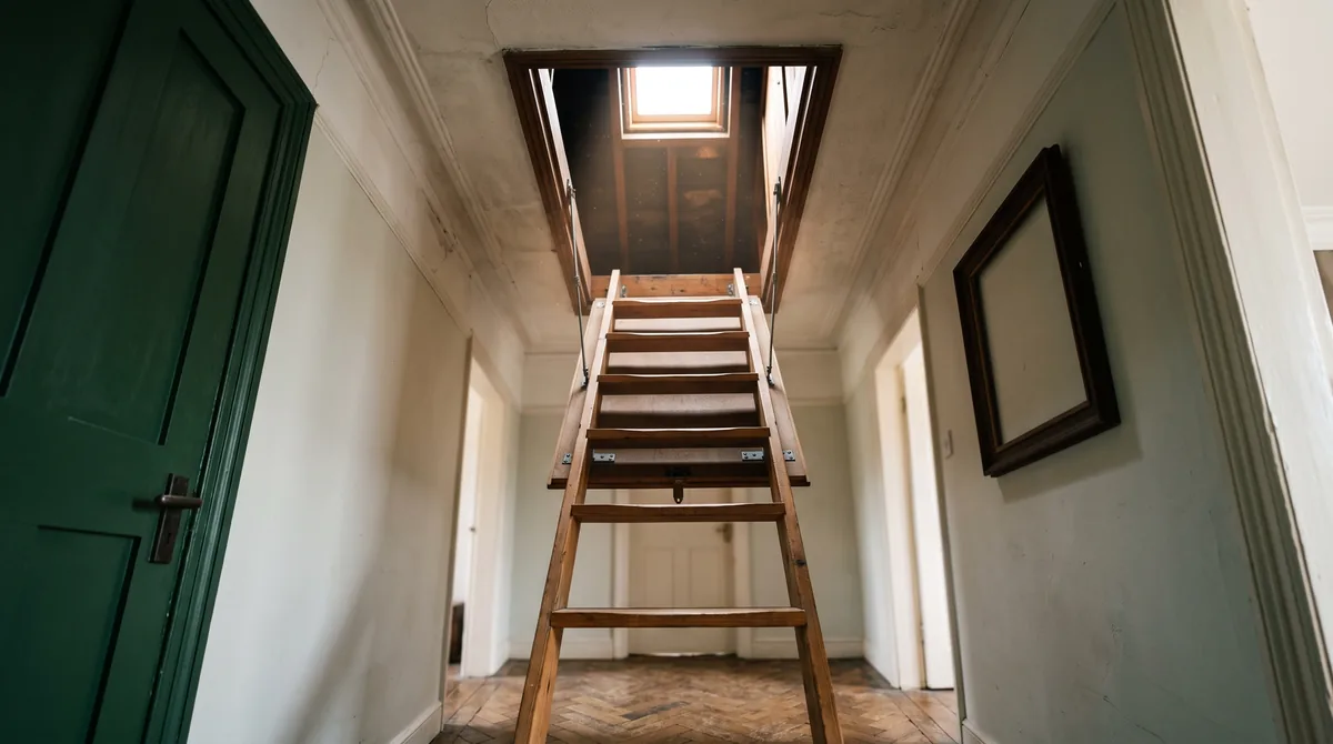Scala retrattile in legno aperta dalla botola di un soffitto, con i gradini appoggiati al pavimento del corridoio