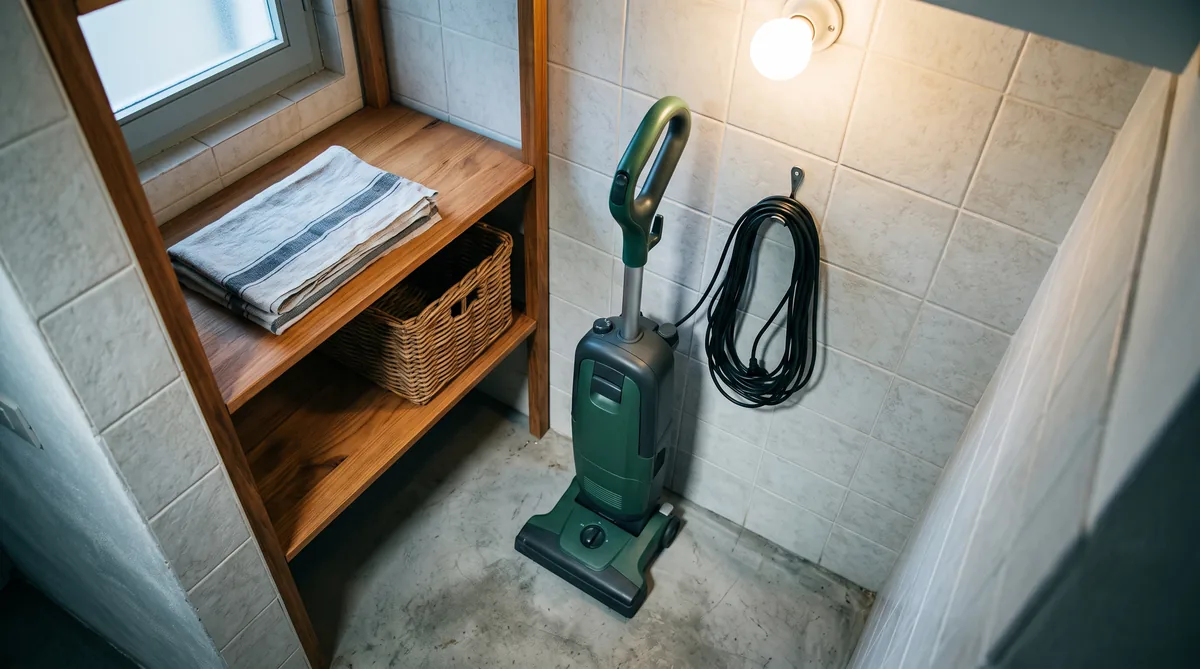 Scopa elettrica con filo appoggiata a un pavimento in parquet, con il cavo srotolato verso una presa a muro