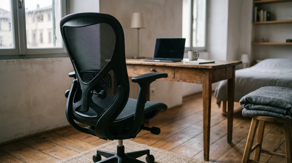 Sedia da ufficio ergonomica in rete con supporto lombare e braccioli, davanti a una scrivania in una stanza di casa