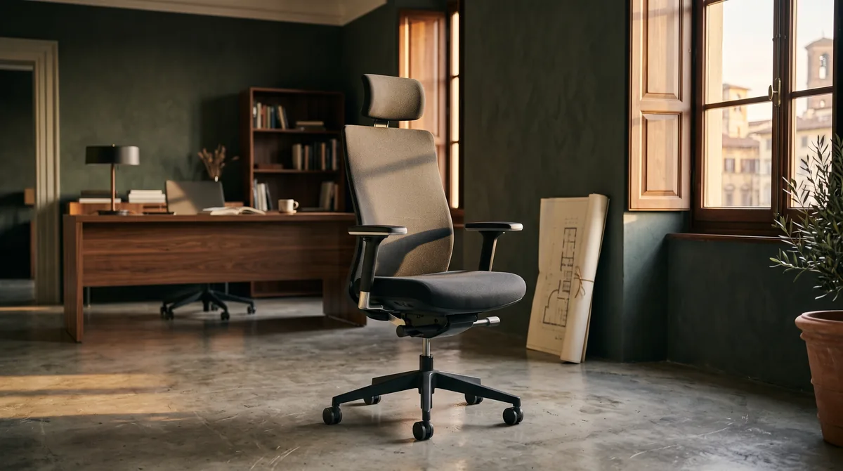 Sedia ergonomica professionale con schienale in rete e poggiatesta regolabile davanti a una scrivania con monitor in una stanza da lavoro