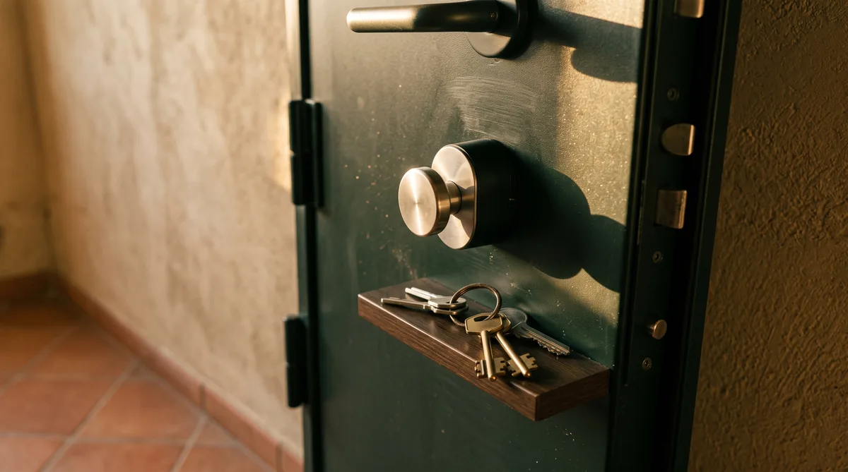 Serratura smart montata all'interno di una porta blindata sul cilindro europeo, con il pomolo motorizzato in vista