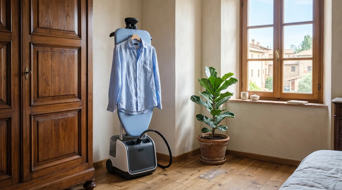 Sistema stirante all-in-one con asse integrata aperta in una lavanderia domestica, ferro appoggiato sul piano e capi appesi accanto