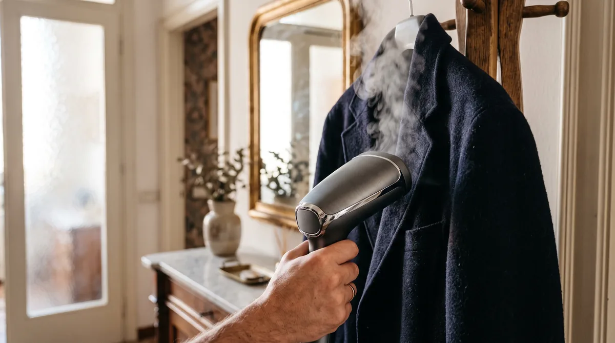Stiratrice verticale portatile in uso su una camicia appesa a una gruccia, con il vapore che esce dalla testa dell'apparecchio