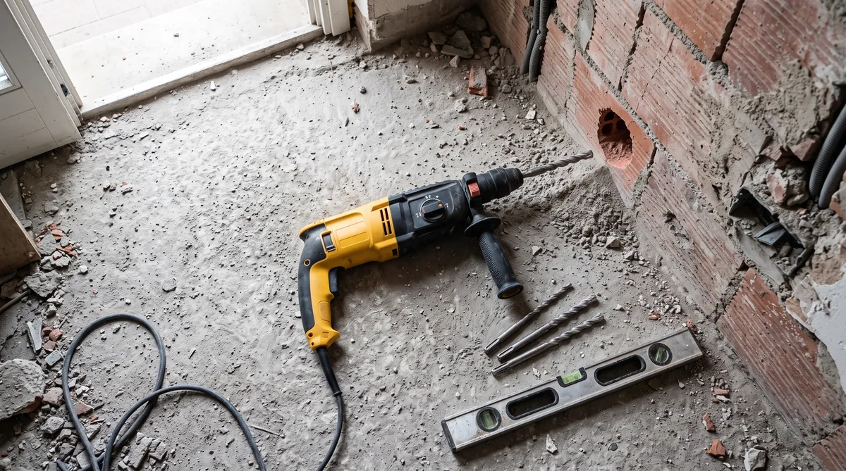 Martello perforatore SDS-Plus con impugnatura supplementare su un muro in calcestruzzo accanto a punte e scalpelli