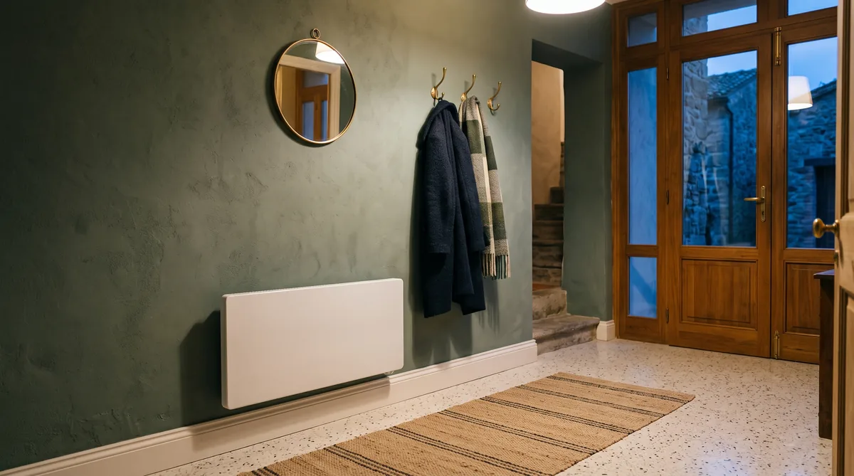 Termoconvettore elettrico bianco fissato alla parete di un soggiorno, sotto la finestra, con il display acceso