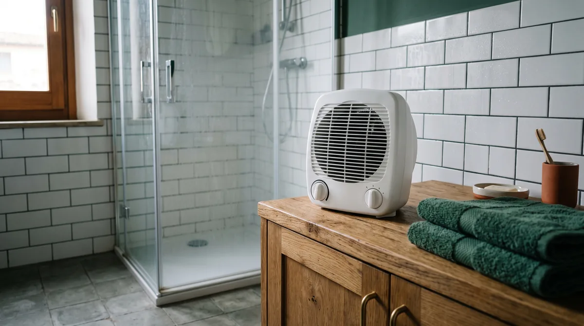 Termoventilatore bianco da bagno su un mobile, lontano dalla doccia, con asciugamani e vapore sulle piastrelle