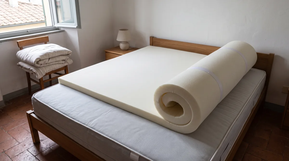 Topper matrimoniale in memory foam appoggiato su un materasso, con l’angolo elastico visibile sul lato corto
