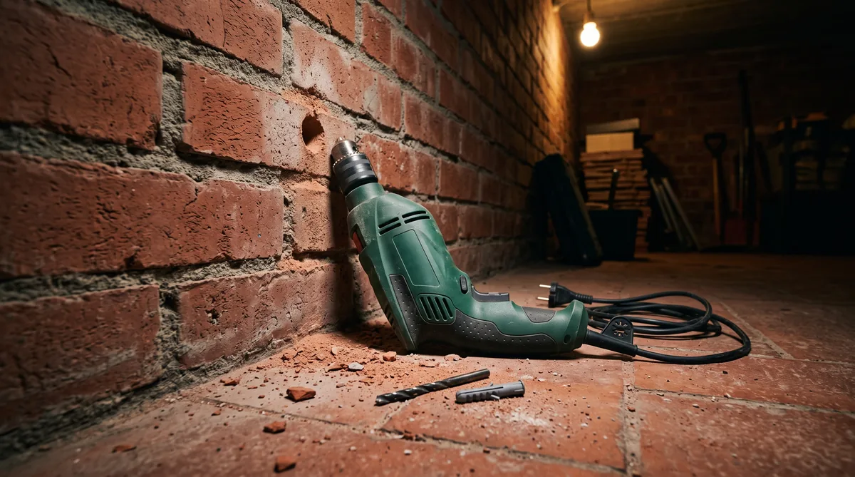Trapano a percussione a filo con impugnatura supplementare appoggiato su un banco da lavoro accanto a punte da muro