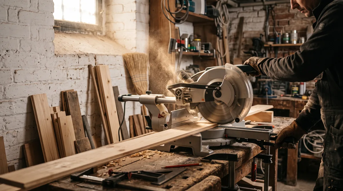 Troncatrice radiale su banco da lavoro, lama da 216 mm e listello di legno bloccato dal morsetto sulla tavola girevole