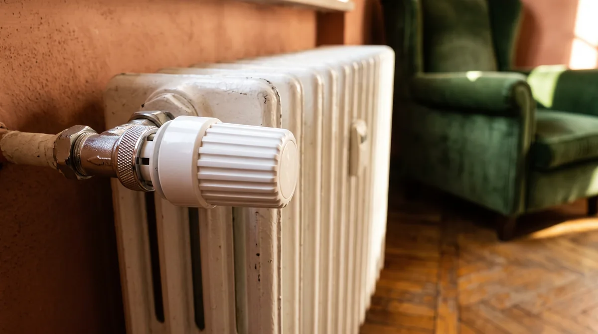 Testa termostatica bianca con scala numerata avvitata sul corpo valvola di un termosifone in ghisa chiaro