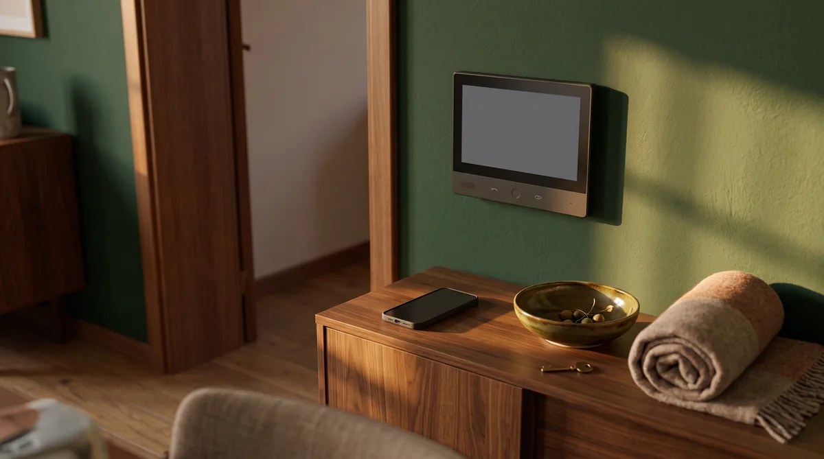 Videocitofono Wi-Fi a batteria montato accanto alla porta d’ingresso di casa, con la targa esterna vista da vicino