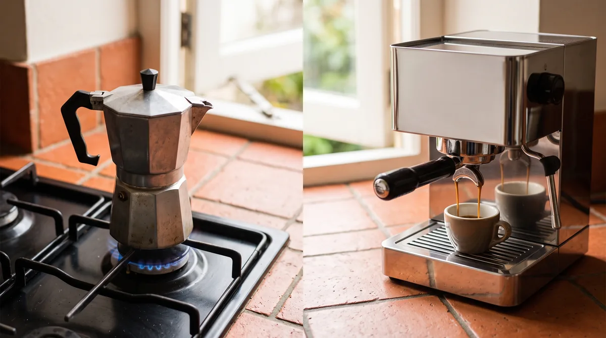Moka in alluminio sul fornello e macchina da caffè espresso con portafiltro affiancate sul piano di una cucina