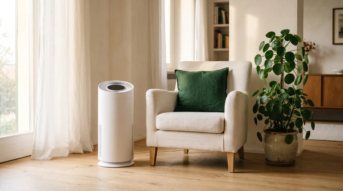 Purificatore d'aria bianco acceso sul pavimento di un soggiorno luminoso, accanto a un divano e a una finestra