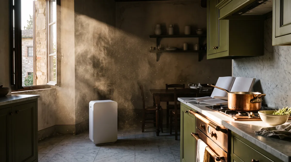 Purificatore d'aria acceso in un soggiorno luminoso accanto a una finestra chiusa, con divano e pianta sullo sfondo