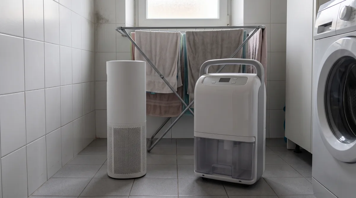 Purificatore d'aria e deumidificatore affiancati in un soggiorno, con condensa sui vetri della finestra sullo sfondo