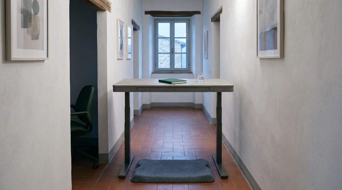 Postazione di lavoro con scrivania regolabile in altezza sollevata, monitor all’altezza degli occhi, tappetino antifatica sotto i piedi e sedia da ufficio arretrata