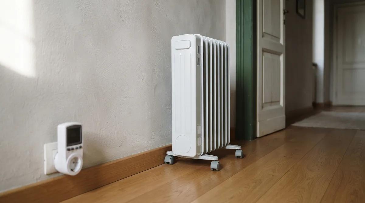 Radiatore elettrico a olio con manopola del termostato accanto a un misuratore di consumo inserito nella presa