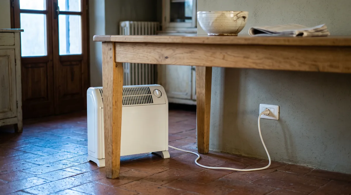 Stufa elettrica accesa in soggiorno accanto alla presa di corrente e al contatore elettrico domestico