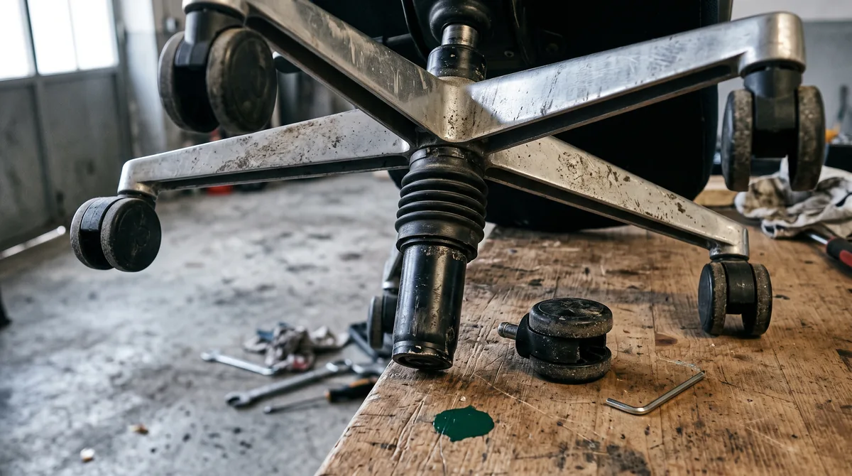 Sedia ergonomica da ufficio smontata su pavimento chiaro con pistone a gas, base a cinque razze, ruote di ricambio e meccanismo basculante accanto
