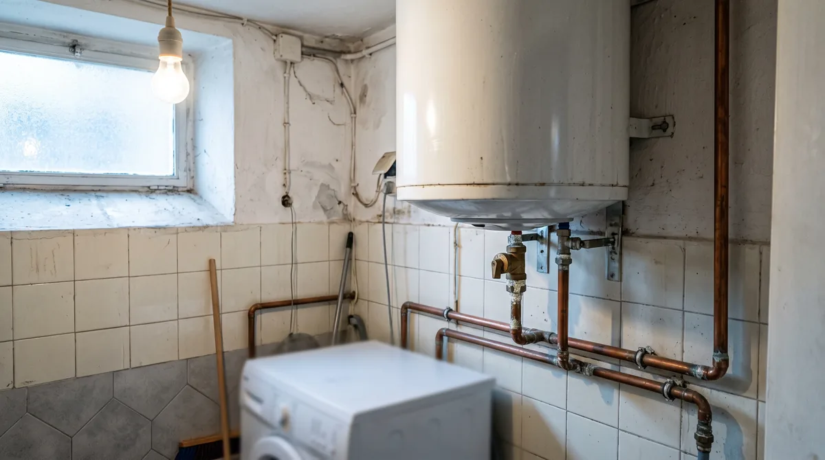 Scaldabagno elettrico ad accumulo aperto sulla flangia, con l’anodo di magnesio consumato accanto alla resistenza