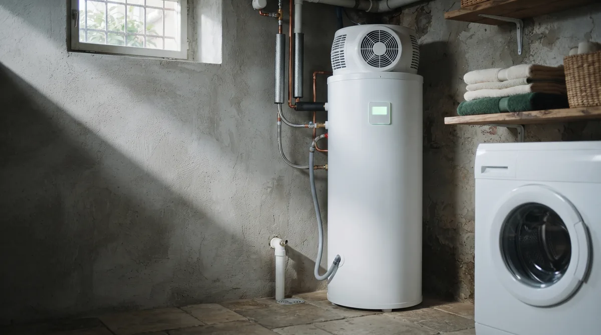 Scaldabagno a pompa di calore in una lavanderia, con il display acceso e i tubi dell’acqua in vista