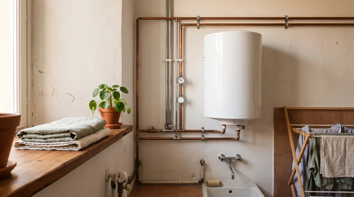 Scaldabagno elettrico ad accumulo montato a parete in un bagno, con gruppo di sicurezza e raccordi idraulici visibili