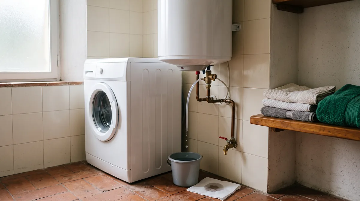 Scaldabagno elettrico a parete con gocce d’acqua sotto il gruppo di sicurezza e un secchio sul pavimento del bagno