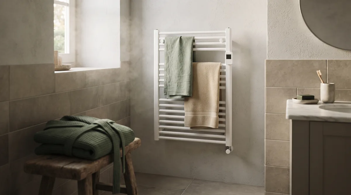 Scaldasalviette elettrico bianco a parete in un bagno, con asciugamani appesi e termostato digitale sul collettore