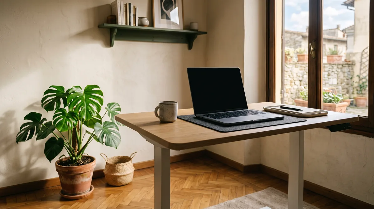 Scrivania regolabile in altezza in legno chiaro con monitor e telaio in acciaio nero in una stanza luminosa