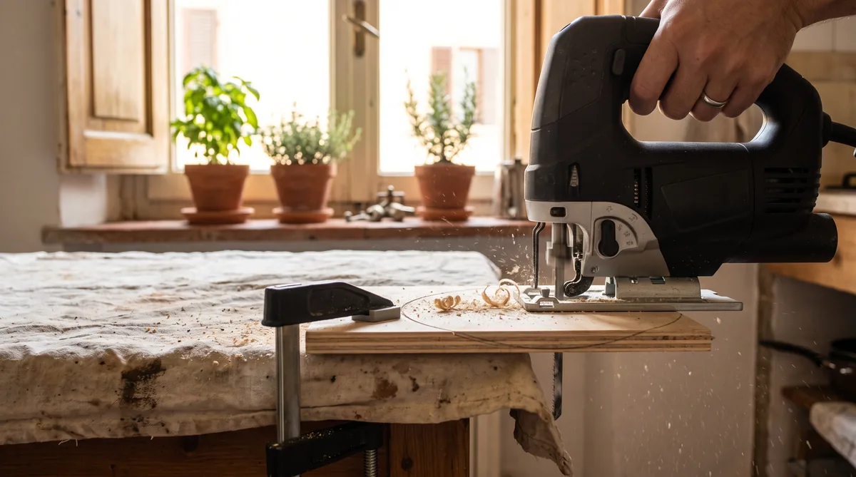 Seghetto alternativo e sega circolare portatile affiancati su un pannello di legno con la linea di taglio tracciata