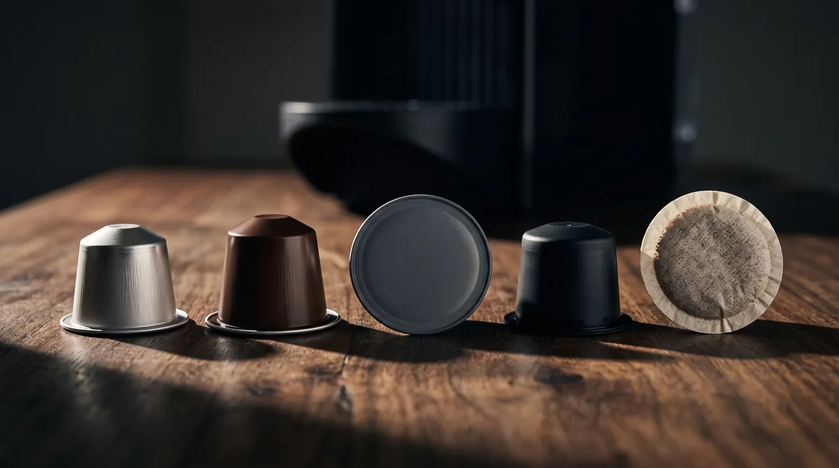 Capsule di caffè di sistemi diversi allineate su un piano di cucina accanto a una cialda in carta E.S.E. da 44 mm